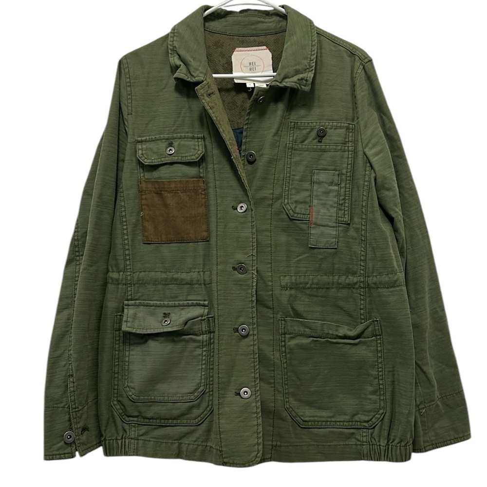 Anthropologie Hei Hei Boho Patchwork Army Green Utility Jacket - Picture 2 of 6